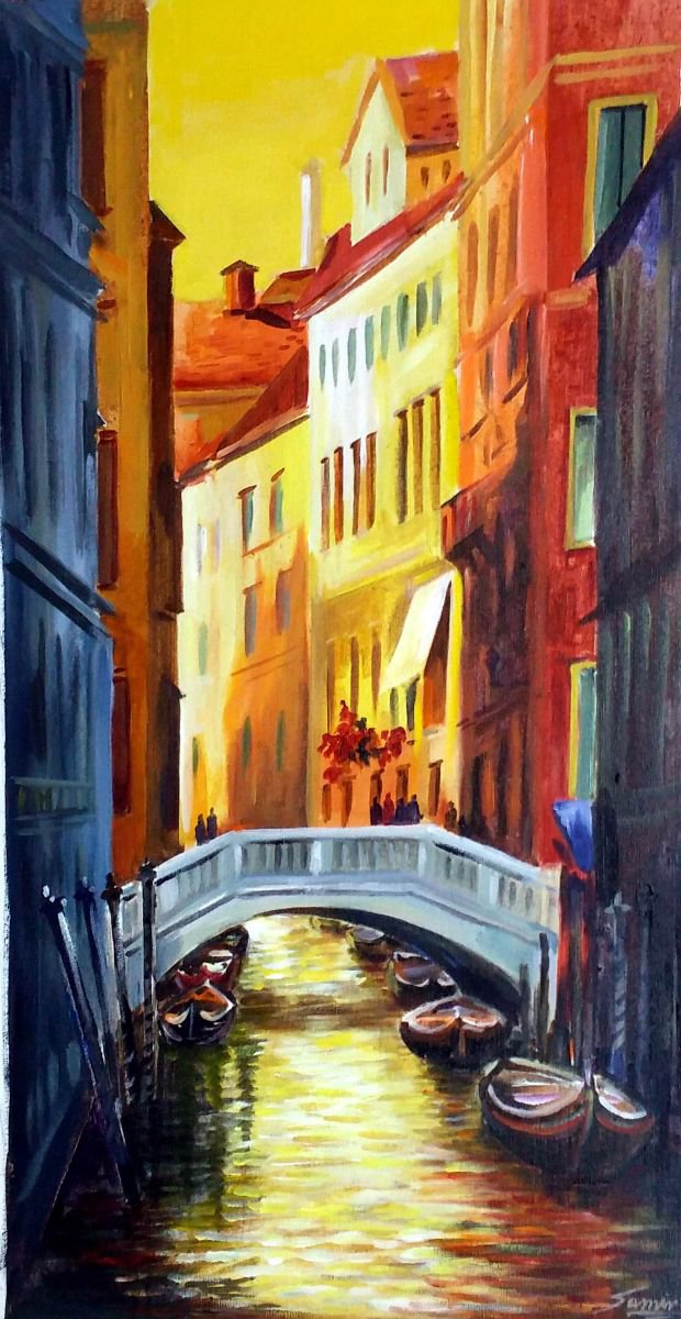 Photorealistic Cityscapes Acrylic Painting By Samiran Sarkar, 14 X 27", Sunset Venice Canal, Original Artwork