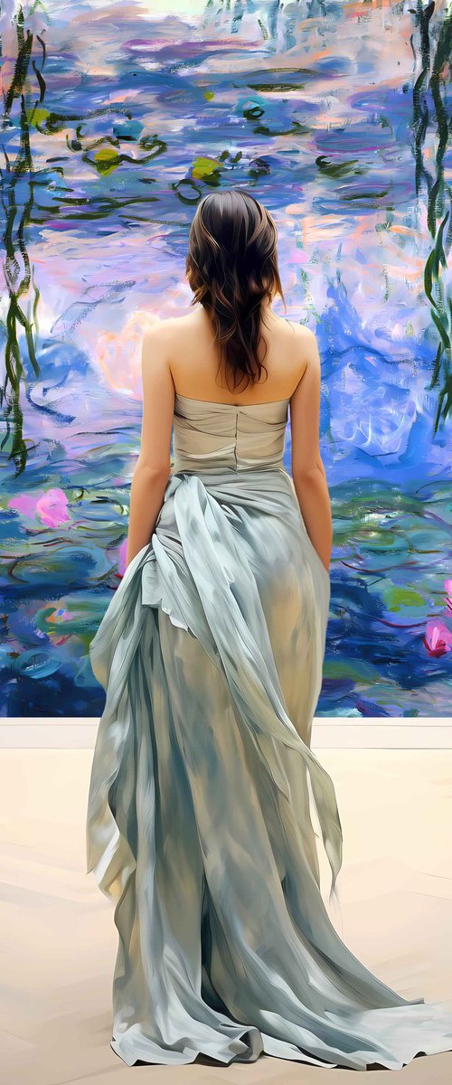Woman in museum with Water Lilies painting Claude Monet - faceless portrait woman art, Gift by BAST