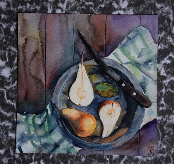 Watercolor painting Still life with pears and knife on a plate