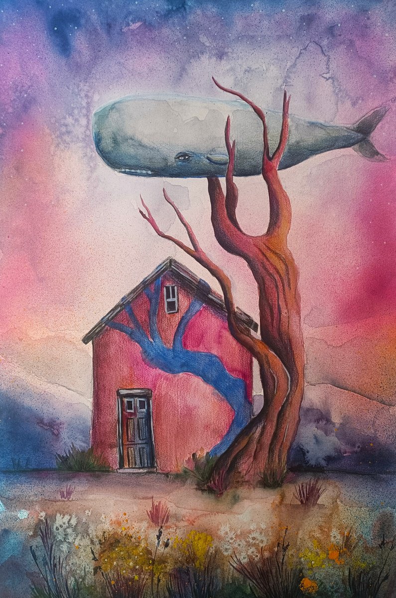 Surrealistic Animal Painting By Evgenia Smirnova, 15 X 22, Tree Of The Sky Whale, Original Artwork