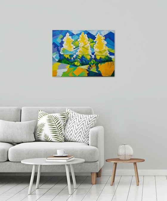 Three trees (60x80cm, cubism, oil painting, ready to hang)