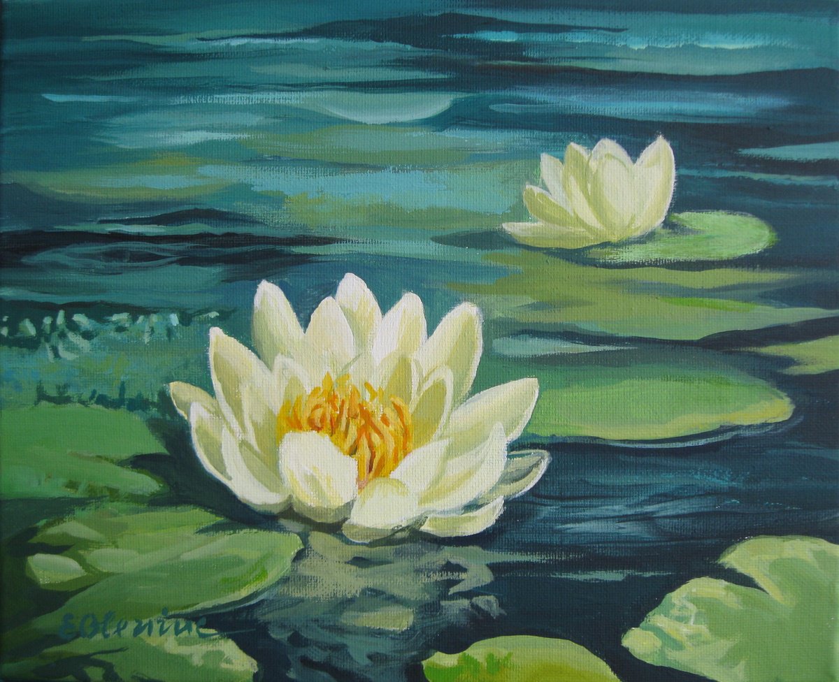 Expressive Landscape Acrylic Painting By Elena Oleniuc, 12 X 9, White Lily, Original Artwork