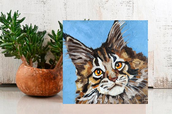 Cat Oil Painting Original Art Maine Coon Kitten Artwork Tabby Cat Portrait Pet Wall Art