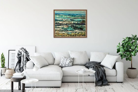 CASPEAN SEA - original oil landscape painting, seascape, beach, seashore, waves, turquoise blue colours 60x70