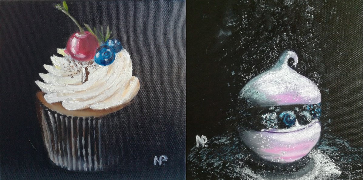 Impressionistic Still Life Oil Painting By Nataliia Plakhotnyk, 8 X 8", Cupcake\\ Marshmallow, Original Artwork
