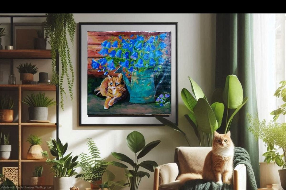 Impressionistic Animal Acrylic Painting By Martine Vinsot, 11 X 11", Blue Flowers And Cat, Original Artwork