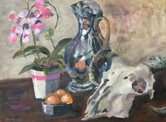 Vase of Orchids, silver coffee pot, bowl of fruit and a rams head skull, painting