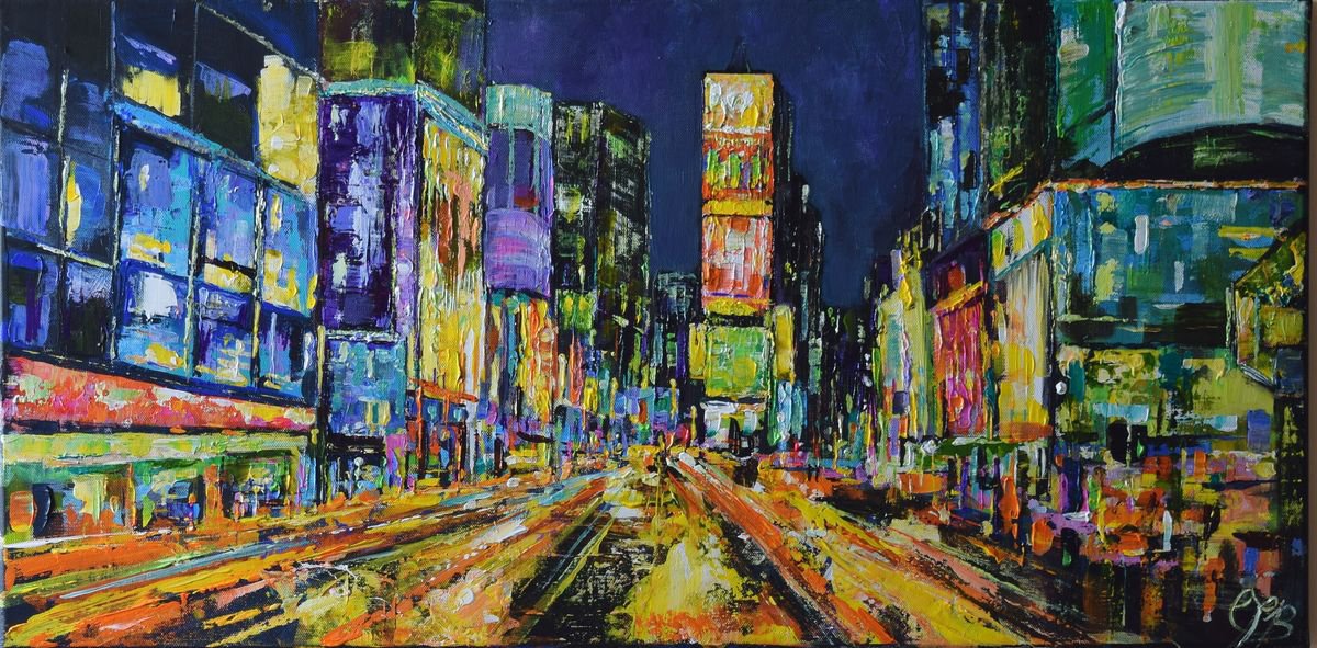 Abstract Cityscapes Acrylic Painting By Colette Baumback, 31 X 16, Street Life, Original Artwork