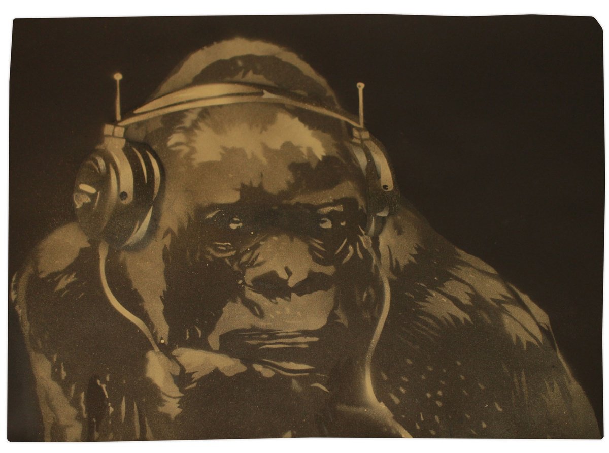 Urban And Pop Animal Painting By Juan Sly, 30 X 22", Gorilla In The Groove (Wp)., Original Artwork