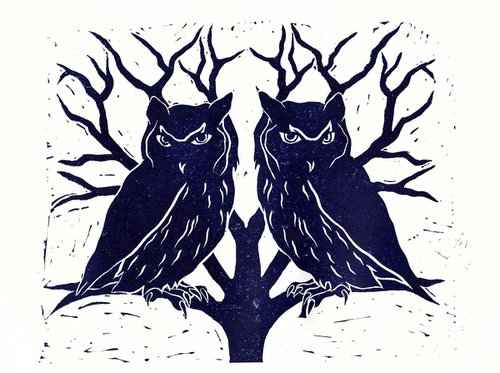 Owl lino print, printmaking, Prussian blue, trees, winter by Tilly Print
