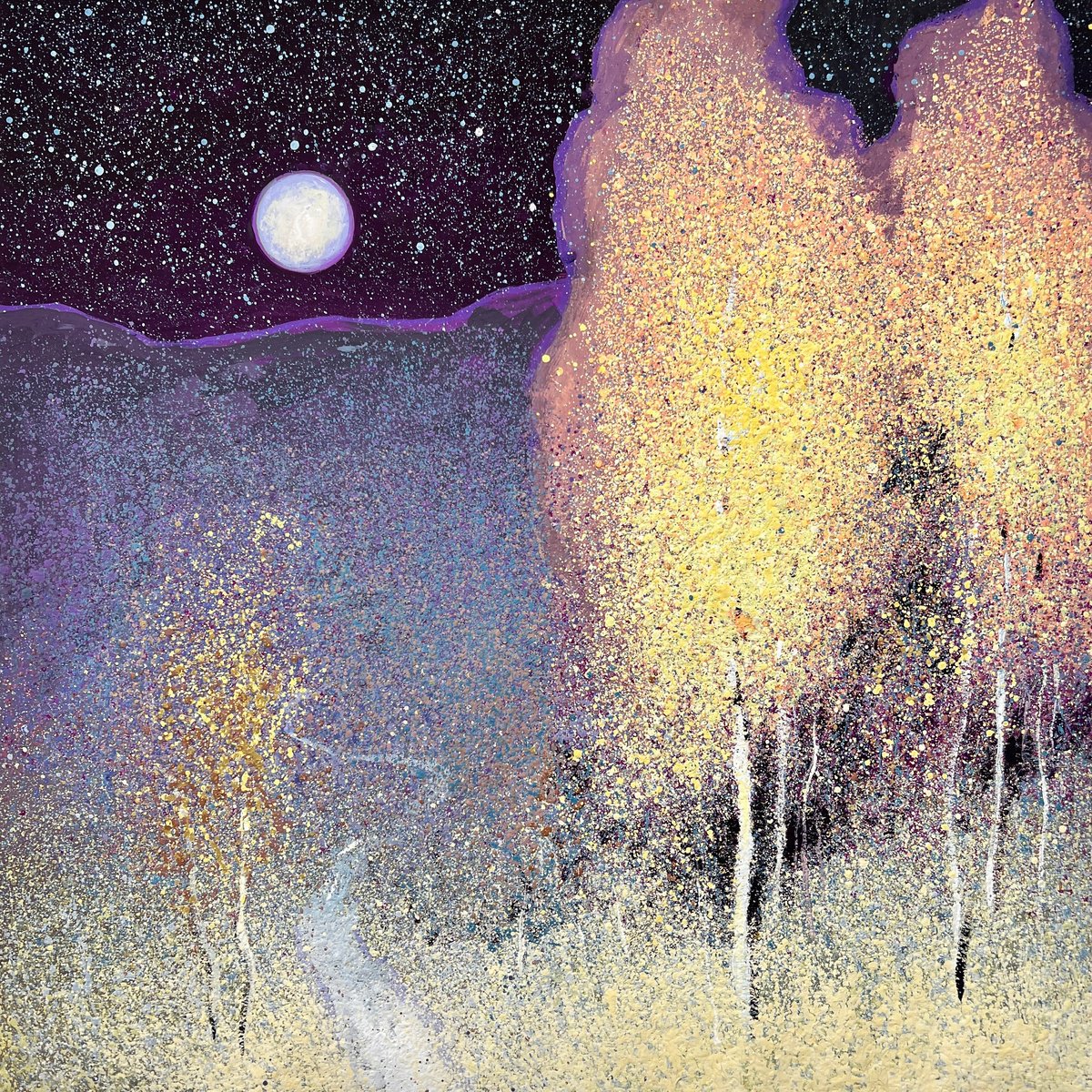 Impressionistic Landscape Painting By Andrii Kovalyk, 20 X 20, Autumn Under The Starry Sky, Original Artwork