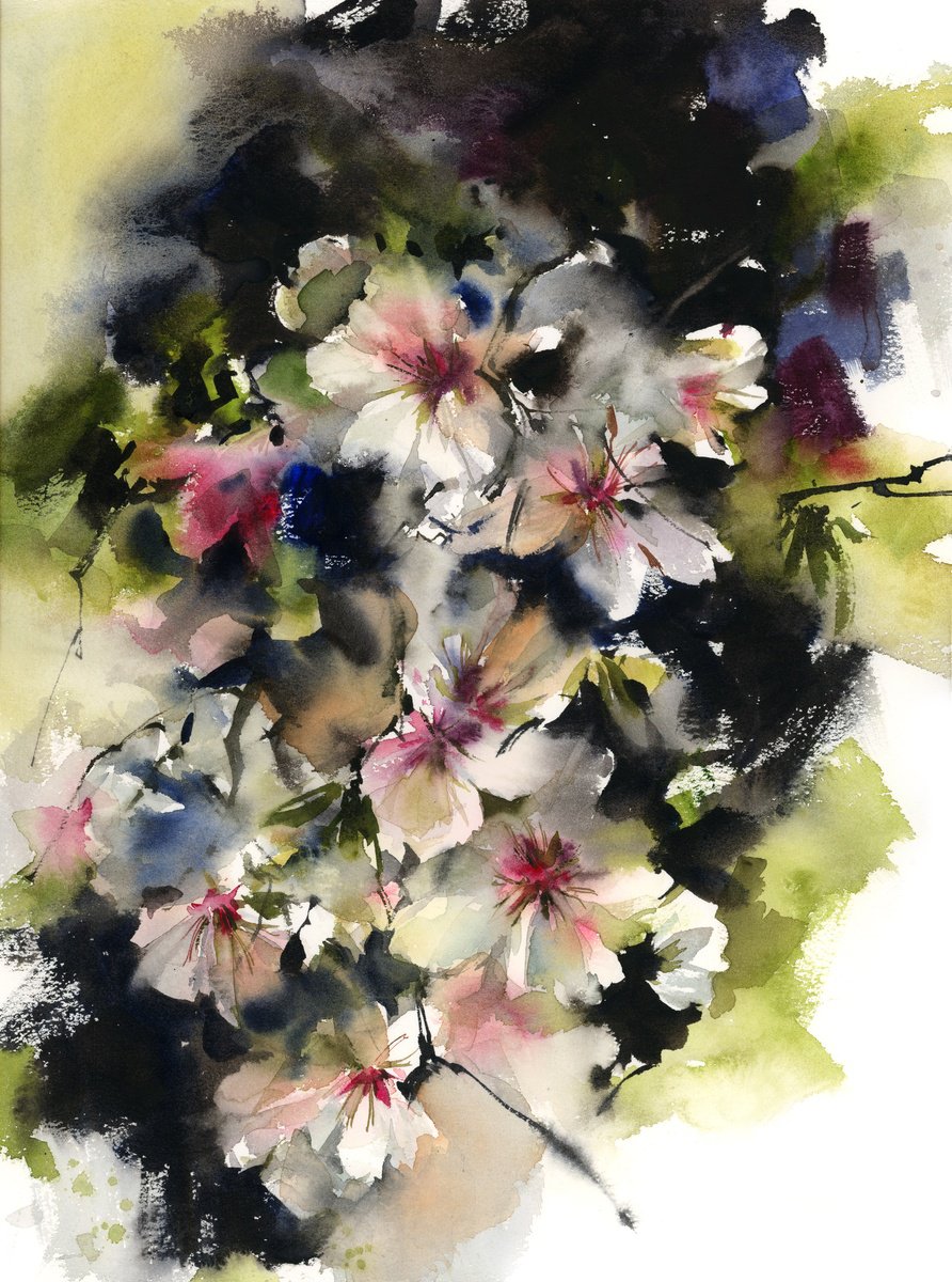 Almond Blooming Florals Watercolor Painting by Sophie Rodionov