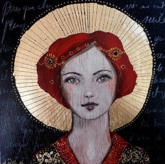 Female redhead icon on wooden panel 20 x 20 cm. "Angela."