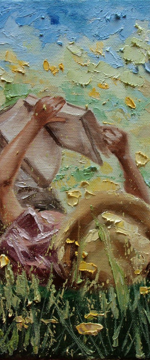 " BOOK LOVER ... III " original painting  SPRING SKY palette knife GIFT GREEN meadow by Monika Luniak