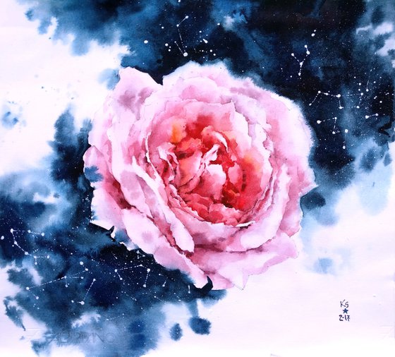 Modern watercolor artwork "Cosmos of a rose flower"