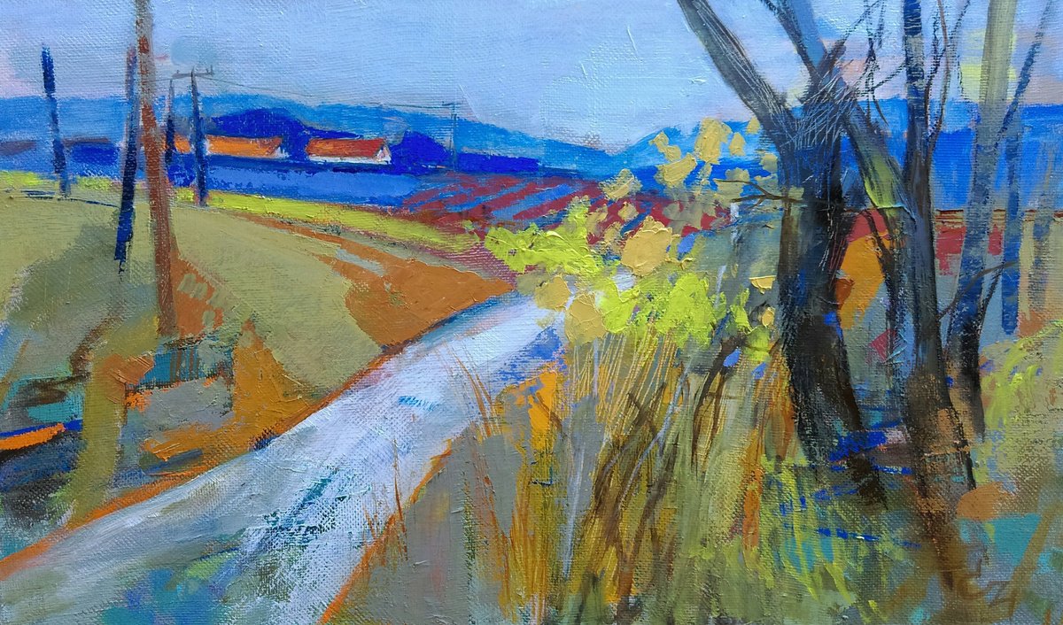 Impressionistic Landscape Oil Painting By Victoria Cozmolici, 33 X 20", Autumn, Original Artwork