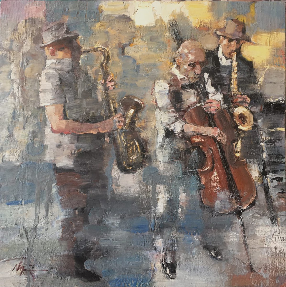 Impressionistic Portrait Oil Painting By Dong Lin Zhang, 16 X 16, Jazz Club, Original Artwork