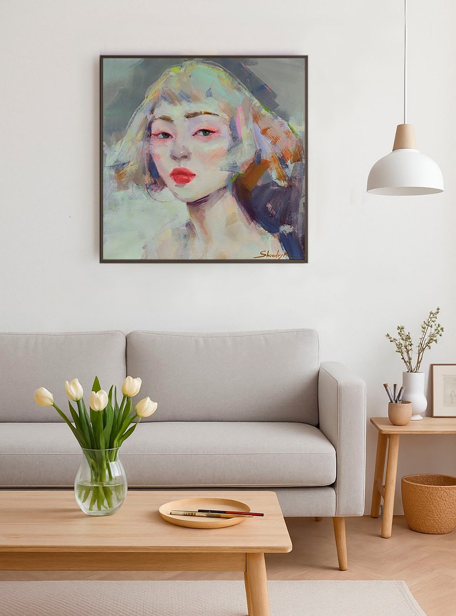 Impressionistic Portrait Acrylic Painting By Tetiana Shendryk, 20 X 20", Shining Loneliness, Original Artwork