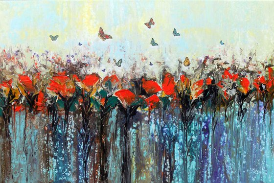 Dance of butterflies - Large abstract red flowers with butterflies, original artwork, abstract landscape