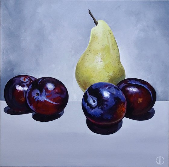 Still life plums and pear