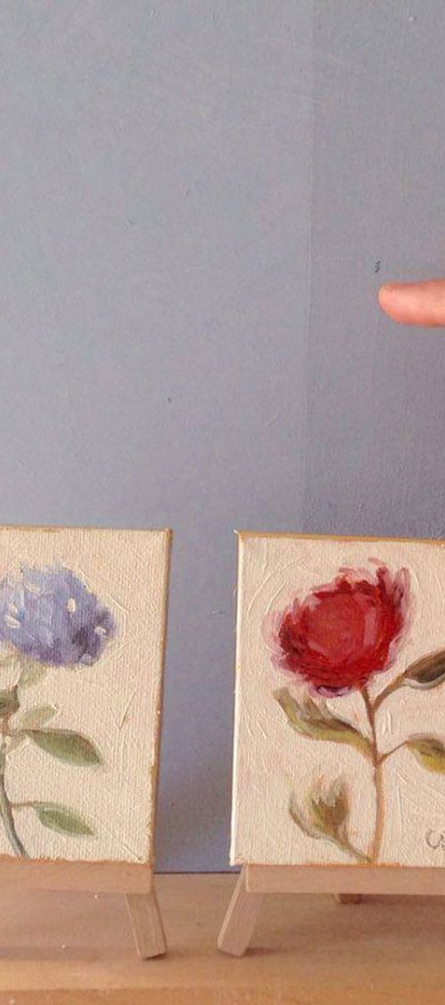 Set of 2 Mini Botanical Flower Oil Paintings by Caridad I. Barragan