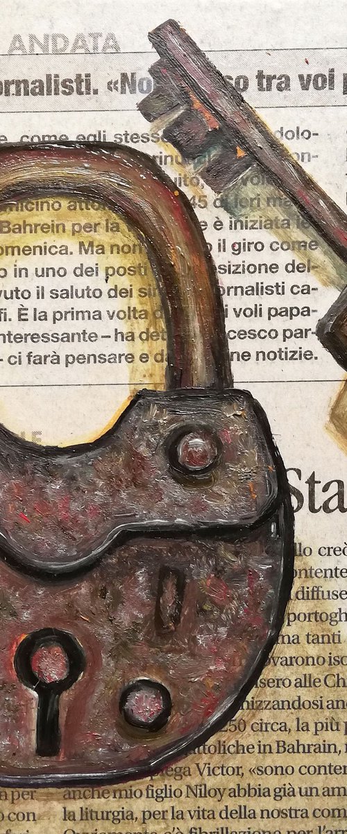 "Padlock on Newspaper" Original Oil on Canvas Painting 6 by 6 inches (15x15x0.7 cm) by Katia Ricci