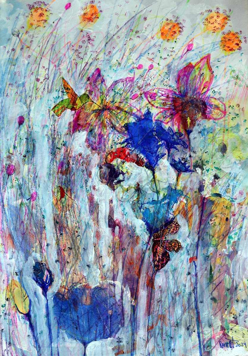 Impressionistic Botanical Acrylic Painting By Rakhmet Redzhepov, 17 X 23", Fantasy With Flowers 229, Original Artwork