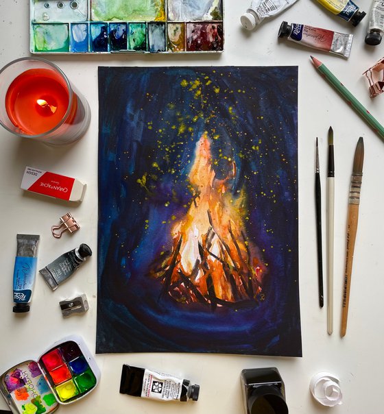 Bonfire Watercolor Painting, Fire Original Artwork, Campfire Picture, Camping Wall Art, Gift for Him