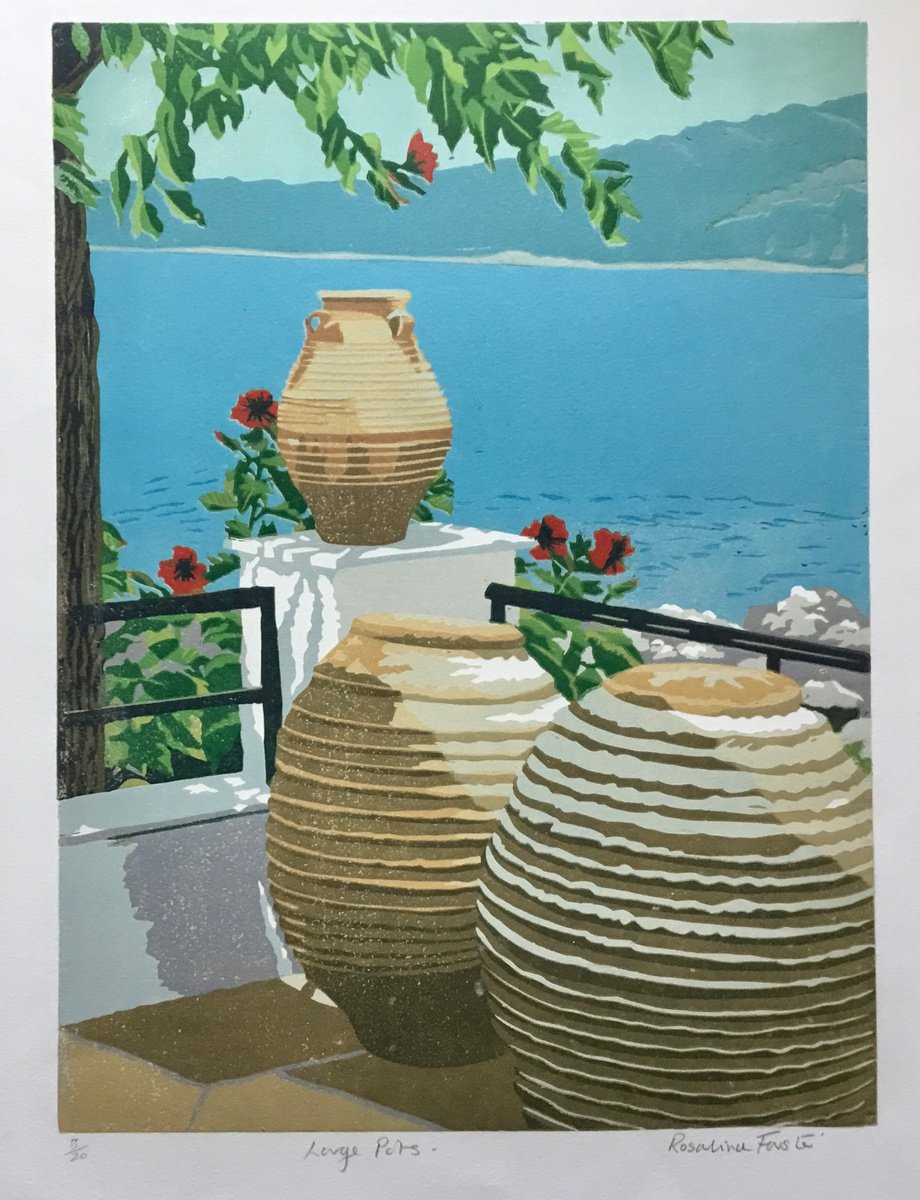 Landscape Linocut By Rosalind Forster, 15 X 20", Large Pots, Original Artwork