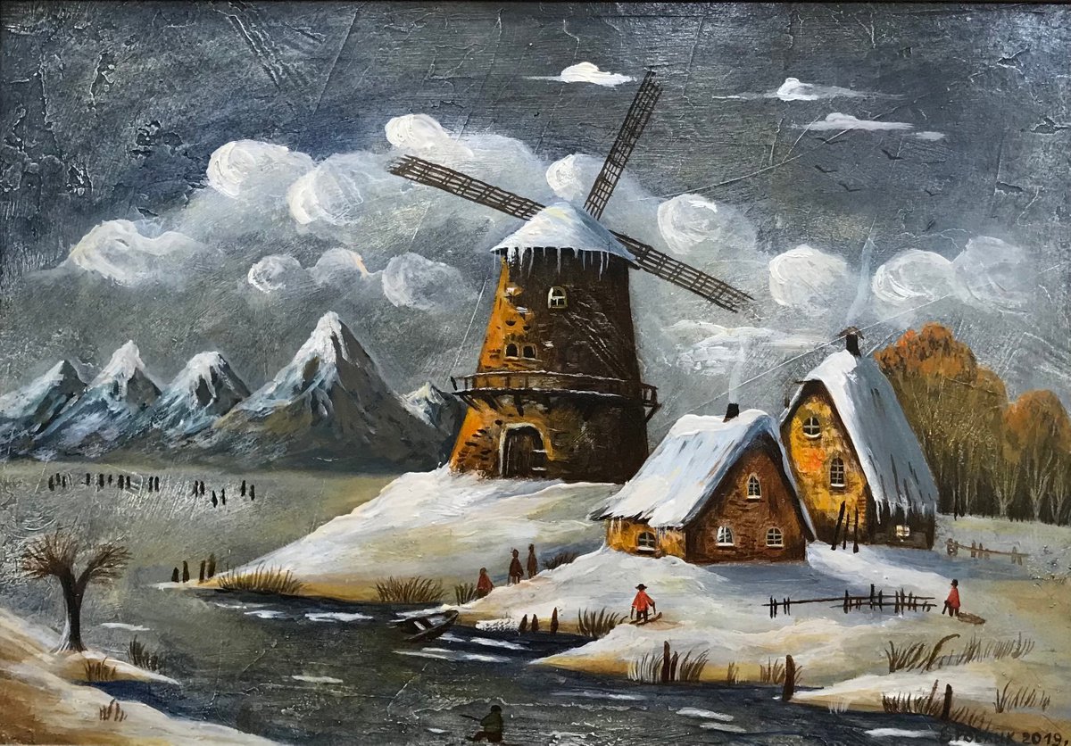 Original oil painting Mill in the clouds - 30x21 cm (2019) by Evgeniya Roslik