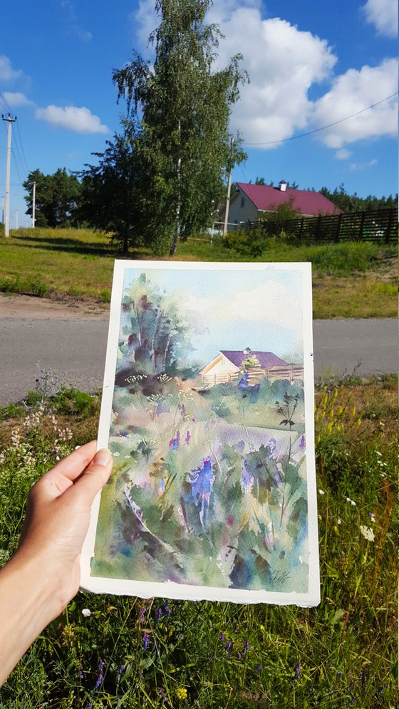 Small watercolor landscape, Summer outside the city