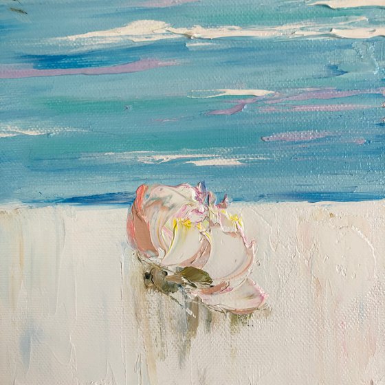 FLOWER MORNING - Seascape. White. Peonies. Tenderness. Shore. Blue art. Ocean view. Horizon. Romantic. Mood.