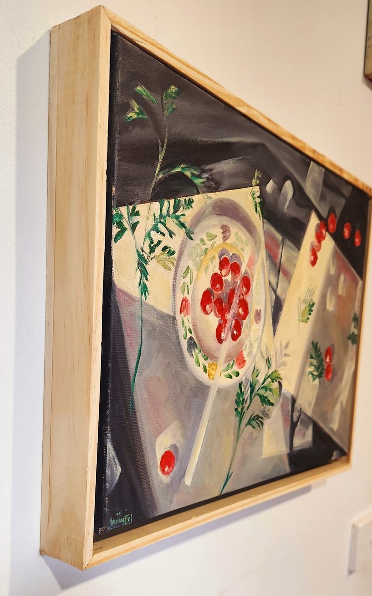 Geometric Still Life Oil Painting By Anahita Amouzegar, 17 X 13, A Plate A Paper And Cherry Tomatoes Ll, Original Artwork