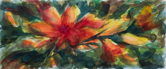 Flower and flower buds - small size - watercolor on paper - 10,5X24,5 cm