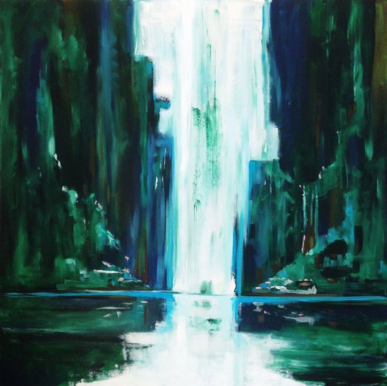 Deep forest waterfall- large size 100 x 100 cm (39 x 39 inches )-ready to hang