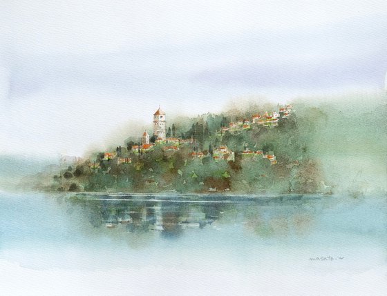 Lakeside Town - Watercolor Painting