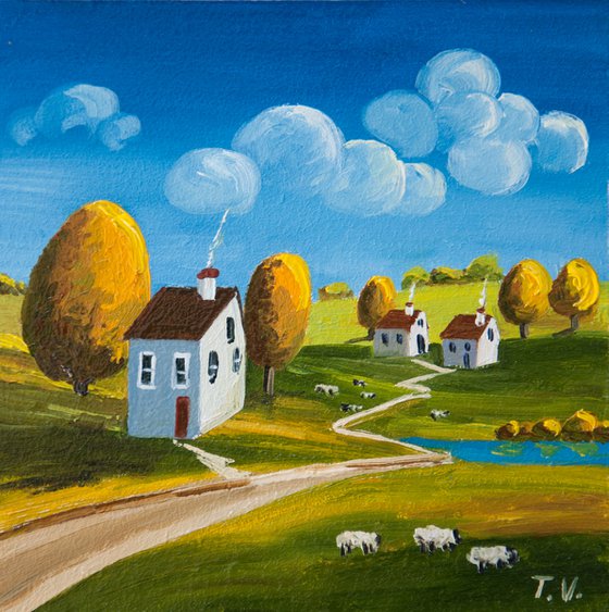 Village scene. Folk Art. Oil painting. Miniature 6 x 6in.