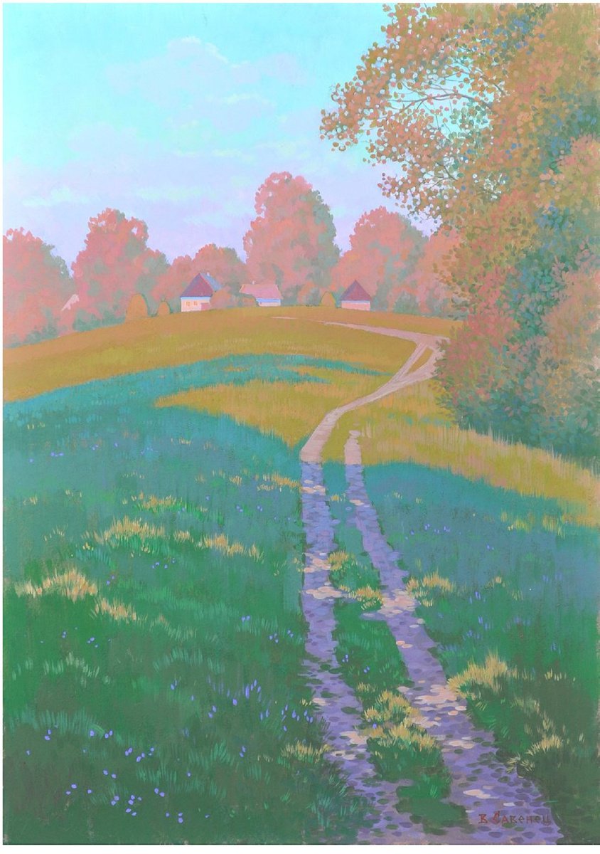 Impressionistic Landscape Acrylic Painting By Valeriy Savenets-1, 20 X 28", Evening. August, Original Artwork