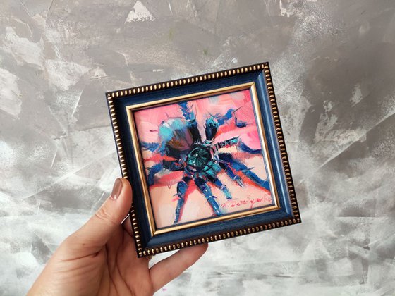 Lowbrow art painting spider, Spider artwork in frame, Spider Dark picture frame, Blue spider wall art