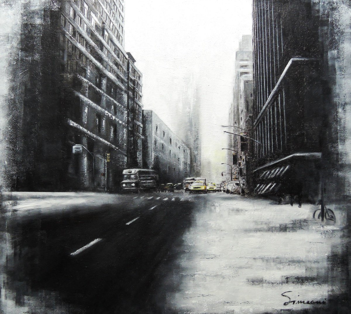 Urban And Pop Landscape Painting By Cristina Simeoni, 43 X 39, White Morning, Original Artwork