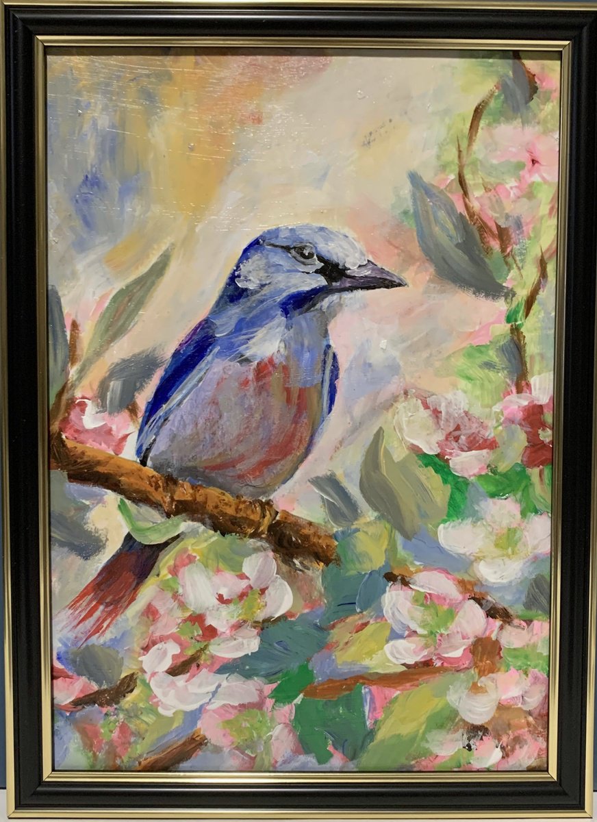 Impressionistic Animal Acrylic Painting By Vita Schagen, 9 X 13", Bird On The Branch., Original Artwork
