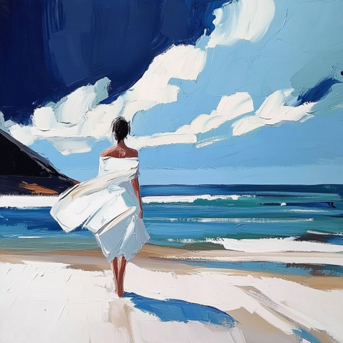 Impressionistic Landscape Print By Elena Avanesova, 31 X 31, Woman Walking On The Beach, Original Artwork