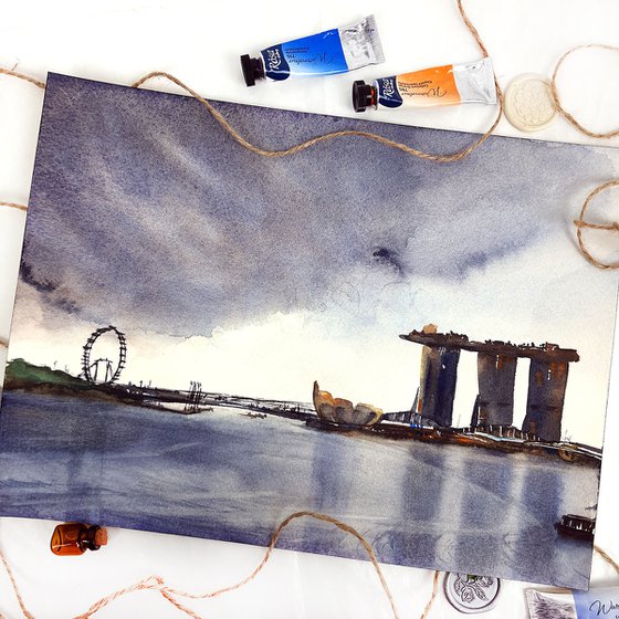 ORIGINAL Watercolor Painting of Singapore - Iconic Towers Cityscape - Architecture