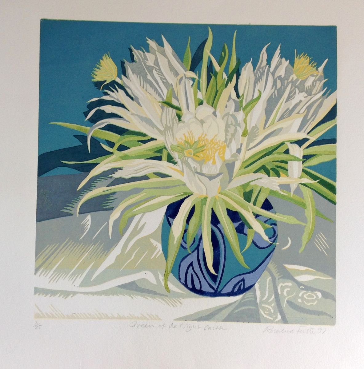 Botanical Linocut By Rosalind Forster, 17 X 18", Queen Of The Night Cactus, Original Artwork