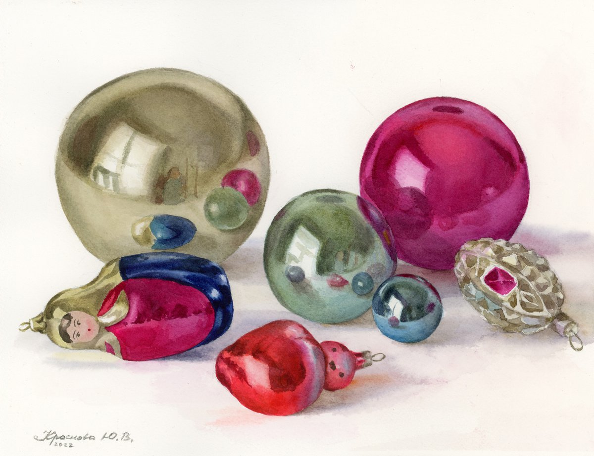 Photorealistic Still Life Watercolour By Yulia Krasnov, 13 X 10", Christmas Toys On The Tree, Original Artwork