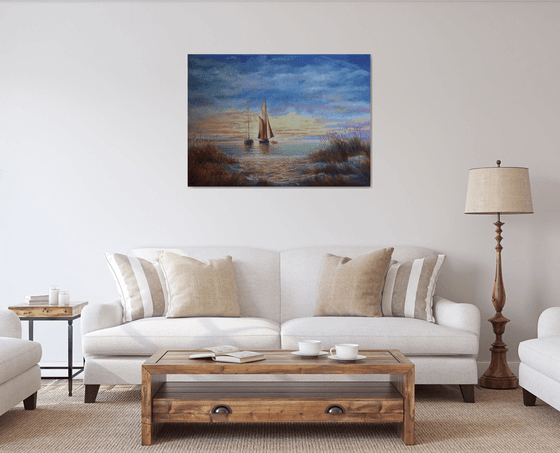 Sunrise in the Bay:linen, oil, 79x109