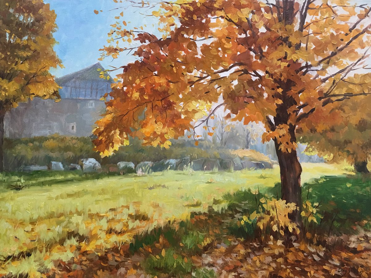 Impressionistic Landscape Oil Painting By Ling Strube, 31 X 24", The Golden Light, Original Artwork