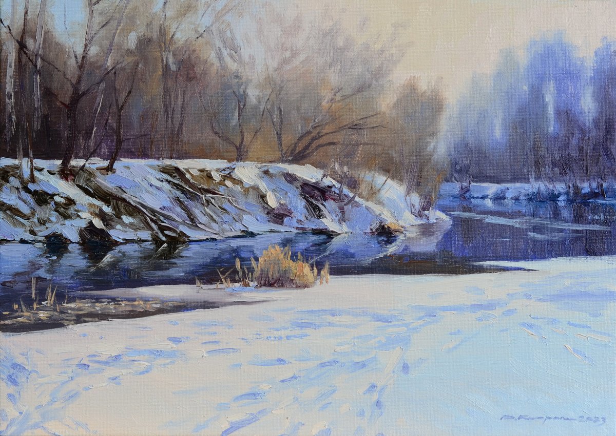 Impressionistic Landscape Oil Painting By Ruslan Kiprych, 14 X 10", Winter Haze, Original Artwork