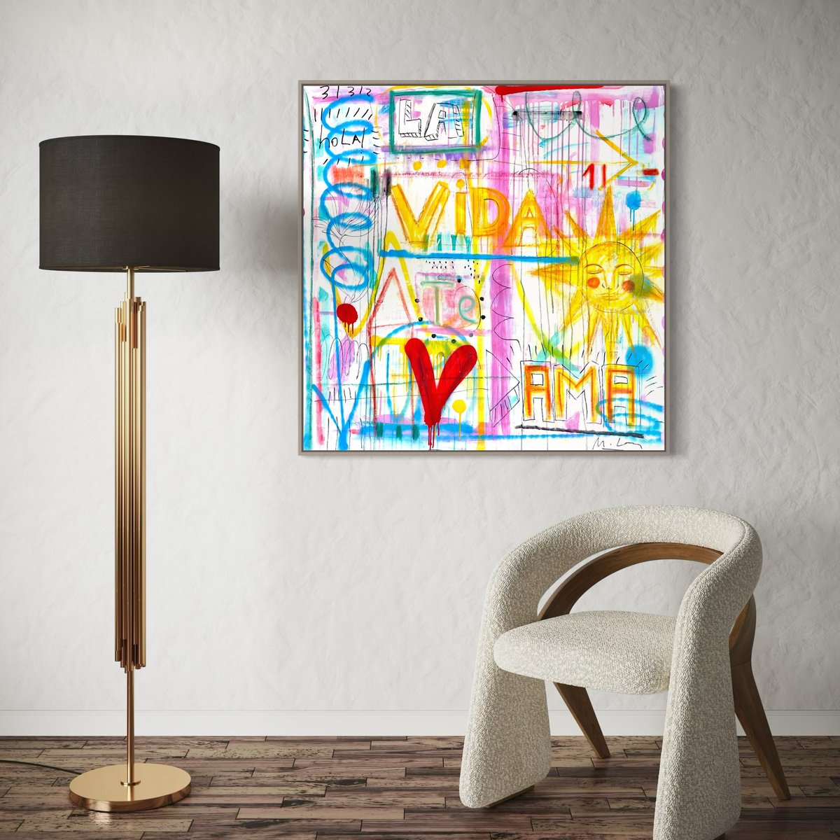 Urban And Pop Portrait Acrylic Painting By Mercedes Lagunas, 35 X 37", Hola! La Vida Te Ama., Original Artwork