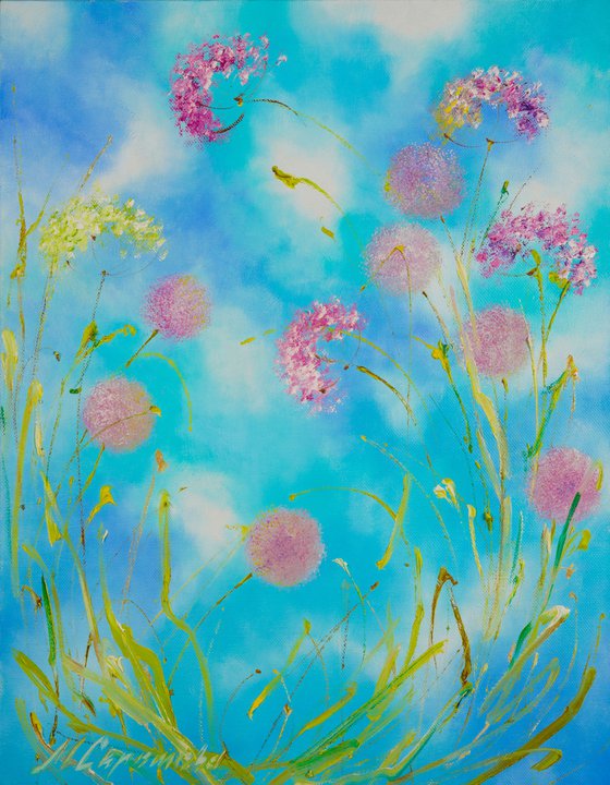 AIR DANCE - Light. Floral abstraction. Pastel colors. Pink dandelions. Blue background. Summer. Air. Colorfull. Flying flowers.
